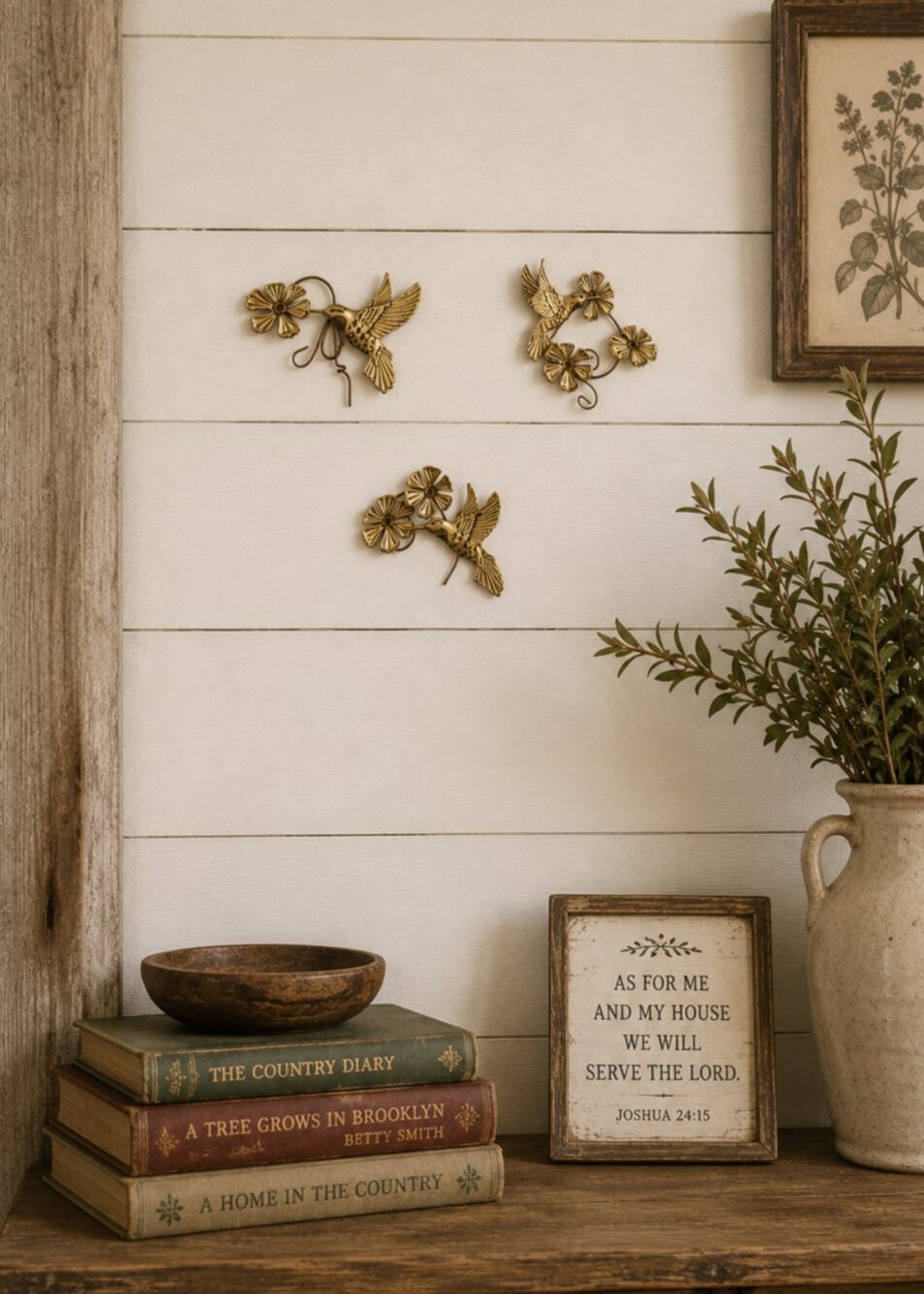 Vintage set of 3 Pressed Tin Gold Hummingbirds Flowers